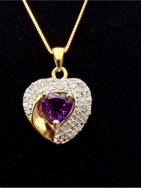 AAA Amethyst Heart Necklace 75 Diamonds 14K Gold Over Sterling 18”